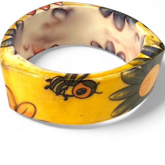 Vintage 70's Iris Sunflower Cold Enamel Bangle bracelet Cuff Daisy Bumblebee - Picture 2 of 7